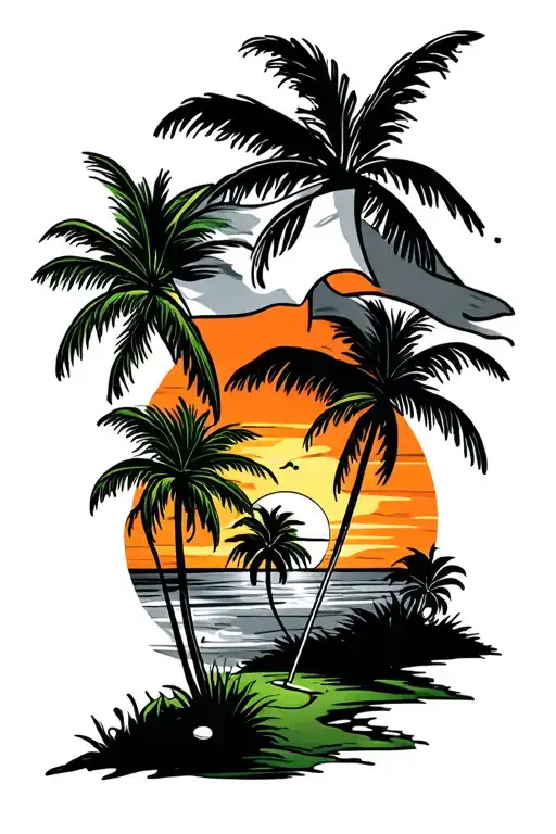Golf green with flag and palm trees colors sunset tattoo design idea