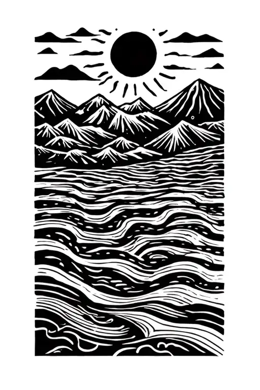 Peru-themed, nazca lines, sun and mountains and waves, map tattoo design idea