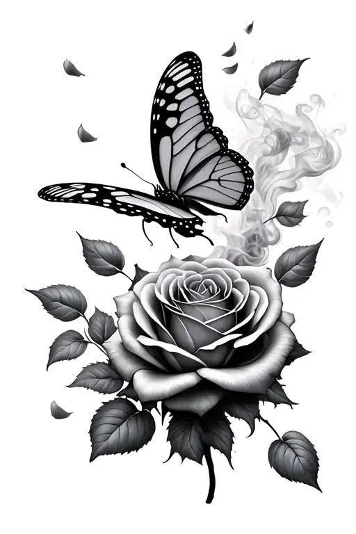 butterfly, two thorny roses surrounding, falling rose pedals fading into smoke tattoo design idea