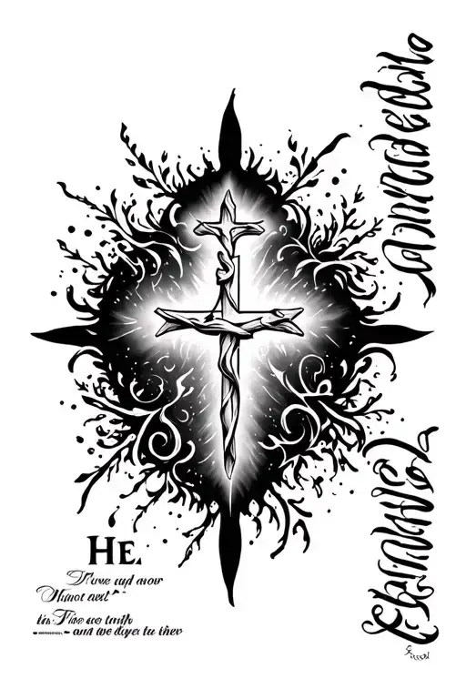 a cross with He>I running through it with a verse or babile word down the side with some complexity tattoo design idea