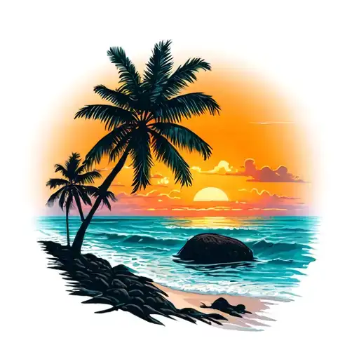 beach sunset, Coconut trees growing tattoo design idea