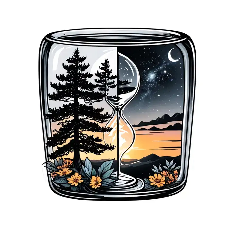 hour glass bottom half trees colors sunset and top half black galaxy and midnight stars flowers listening hour glas tattoo design idea