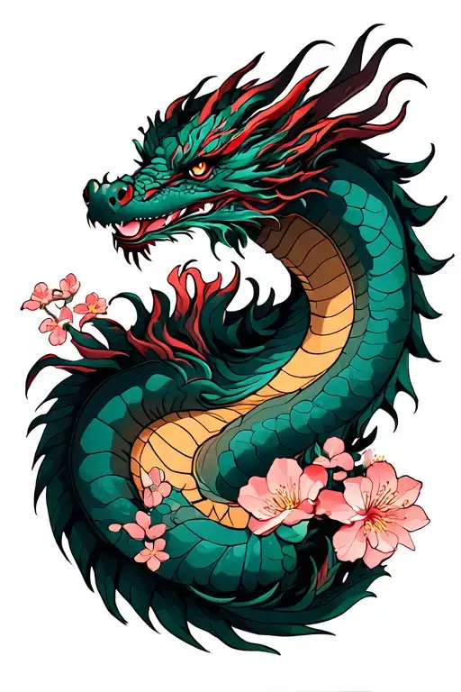Dragon, cherry blossom, rising tattoo design idea