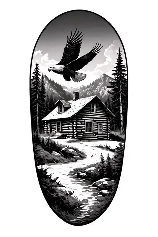 log cabin up on a mountain with a bald eagle soaring in the sky with a acoustic guitar tattoo design idea