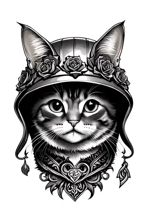 cute gothic cat in a helmet surrounded tattoo design idea