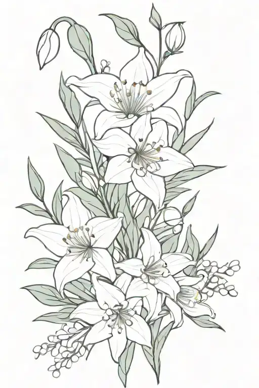 Snow drop lily, narcissus, eucalyptus, lily of the valley, rose bouquet fine line tattoo design idea