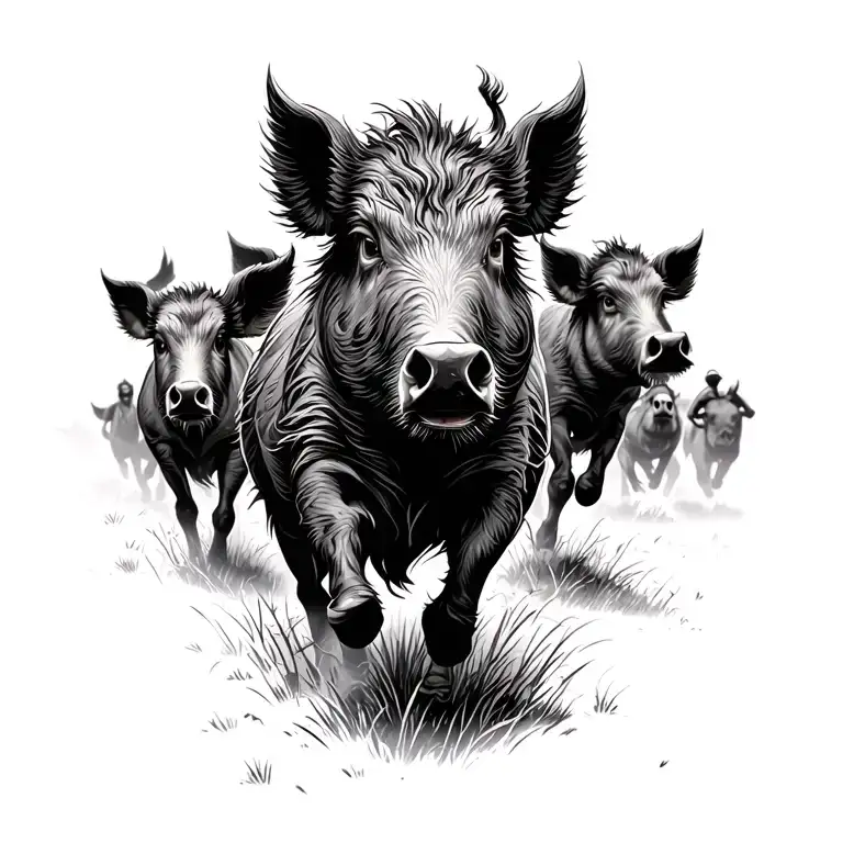 A pack of wild hogs running through a field with a hunter in pursuit tattoo design idea