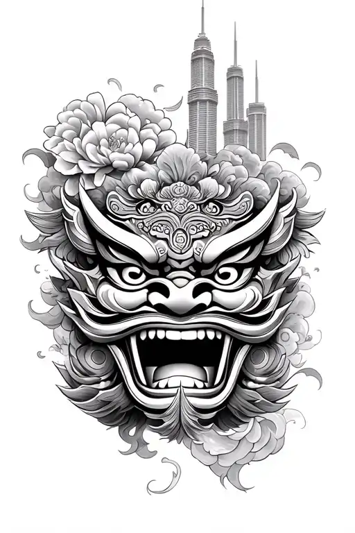 a combination of a barong mask, chinese clouds, the hong kong flower, sri lankan raksha, and petronas twin towers tattoo design idea