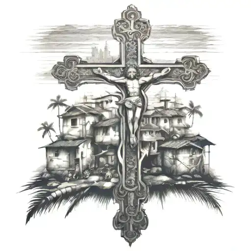 Christian cross surrounded by favela in Brazil tattoo design idea