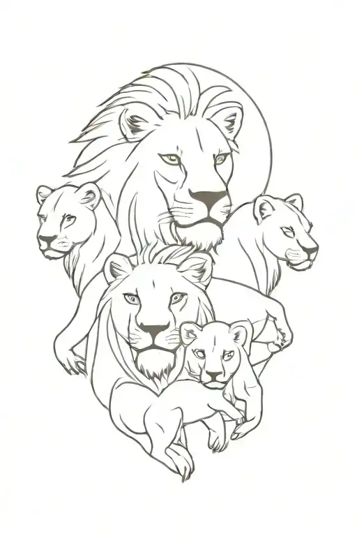 a lion with a lioness and 3 lion cubs tattoo design idea