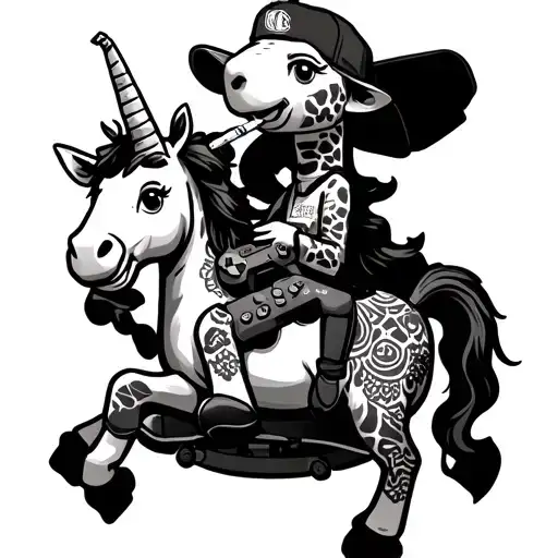A giraffe plush with a cigarette on it's mouth wearing a cap, holding a gaming controller riding on a unicorn rocking ho tattoo design idea