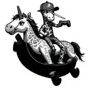 A giraffe plush with a cigarette on it's mouth wearing a cap, holding a gaming controller riding on a unicorn rocking ho tattoo design idea