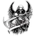 grim reaper holding a scythe to angels neck tattoo design idea