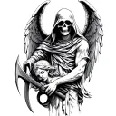 grim reaper holding a scythe to angels neck tattoo design idea