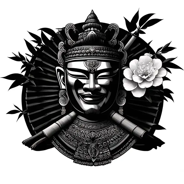 thai flag, bamboo, cherry blossom tree, baht, warrior mask, thai fan tattoo design idea