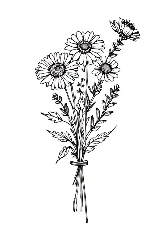 calendula, chamomile, rose, lavender bouquet tied tattoo design idea