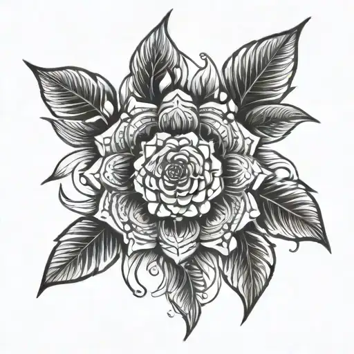 Create line art tattoo concepts that blend mandala, rose, and leafes seamlessly. Imagine designs where legal symbols li tattoo design idea
