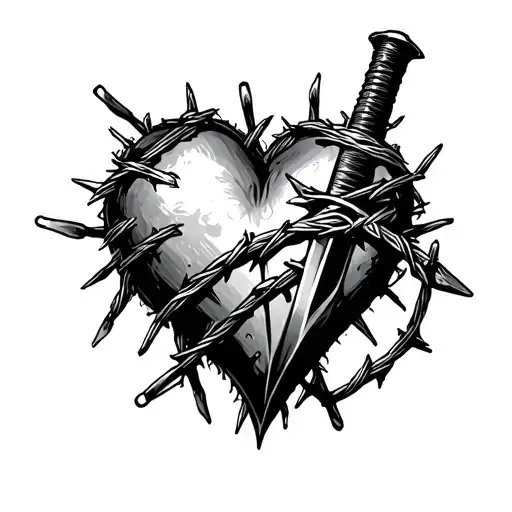 Post Malone's inspired barbed wire heart with a sword going through it, fine line tattoo design idea