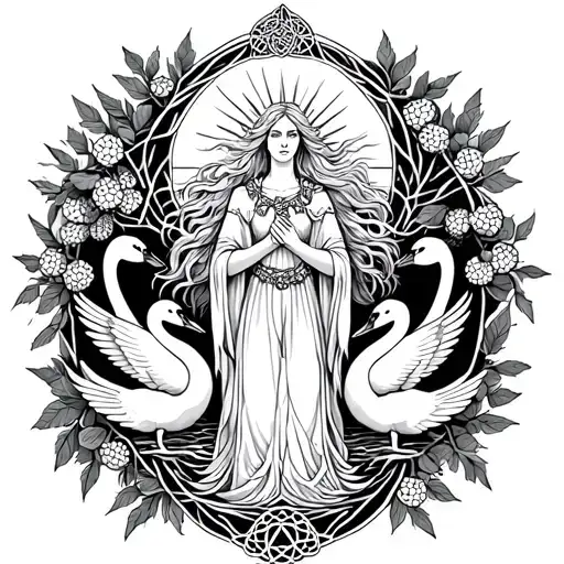 fair haired Celtic Goddess, Aine. surrounded by Swans, rowan berries and the sun tattoo design idea