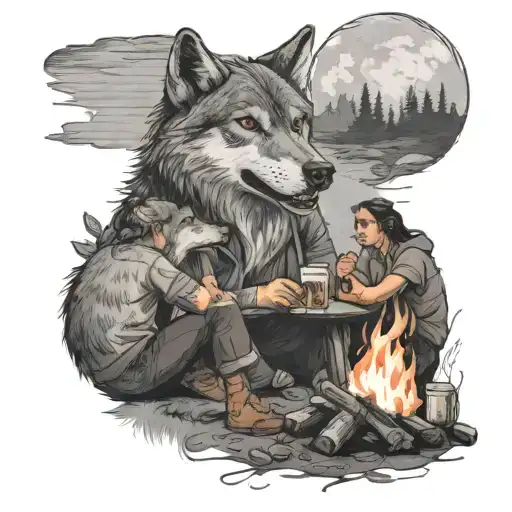 A group of friends sharing a drink around a campfire with a wolf watching nearby tattoo design idea