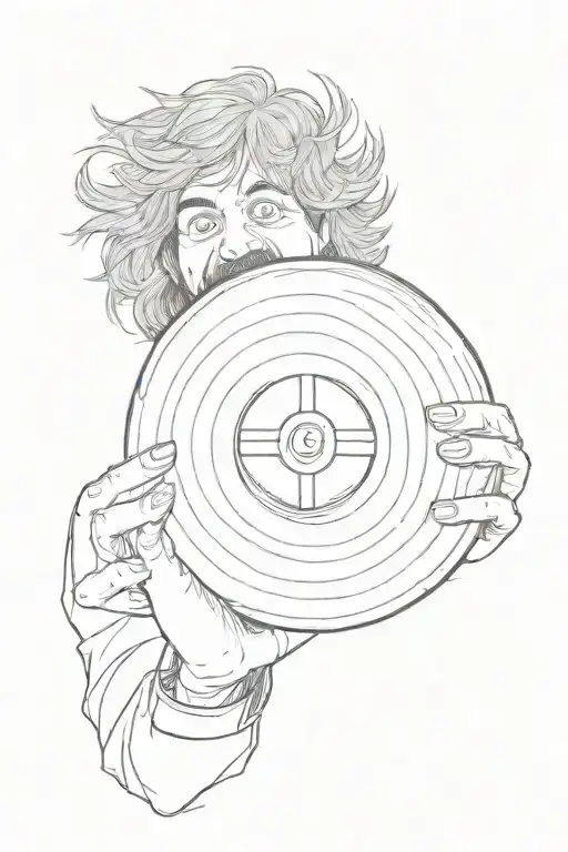 A sketch of a civil servant holding a vinyl record with the Black Sabbath logo on it tattoo design idea