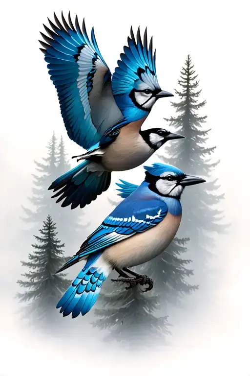 2 blue jays flying together surrounded by pine trees and fog tattoo design idea