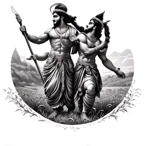 Arjun and Krishna in battlefield overlooking the field tattoo design idea