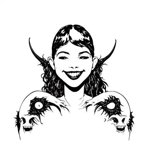 maniac smiling black girl with demons tattoo design idea