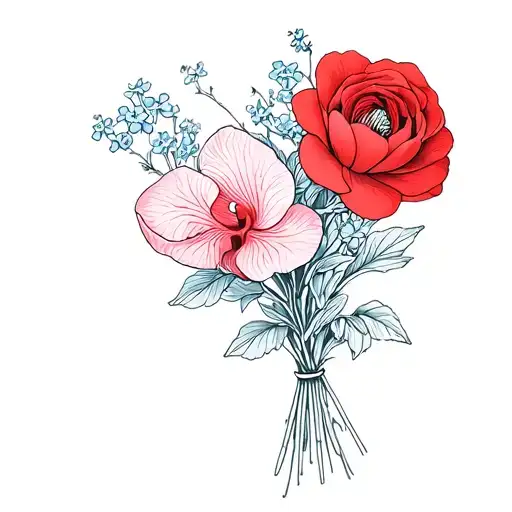 small bouquet with the flowers red camellia, orchid and forget-me-not tattoo design idea