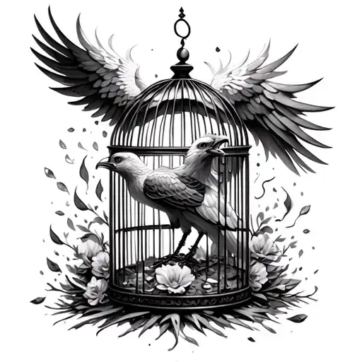 phoenix bird in a cage with the door open and ashes and flower pedals scattered around inside the cage  tattoo design idea