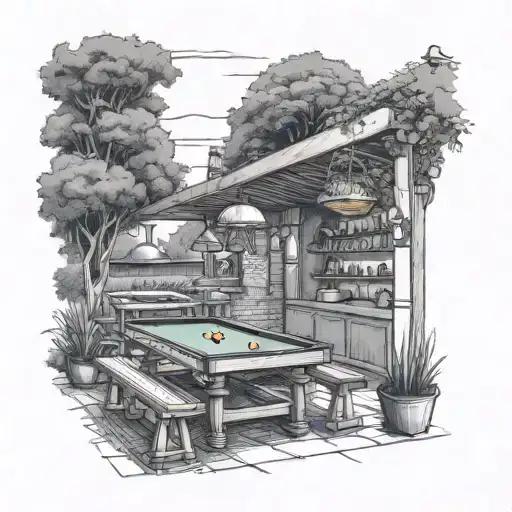 Snooker table, drinks bar, BBQ in a garden tattoo design idea