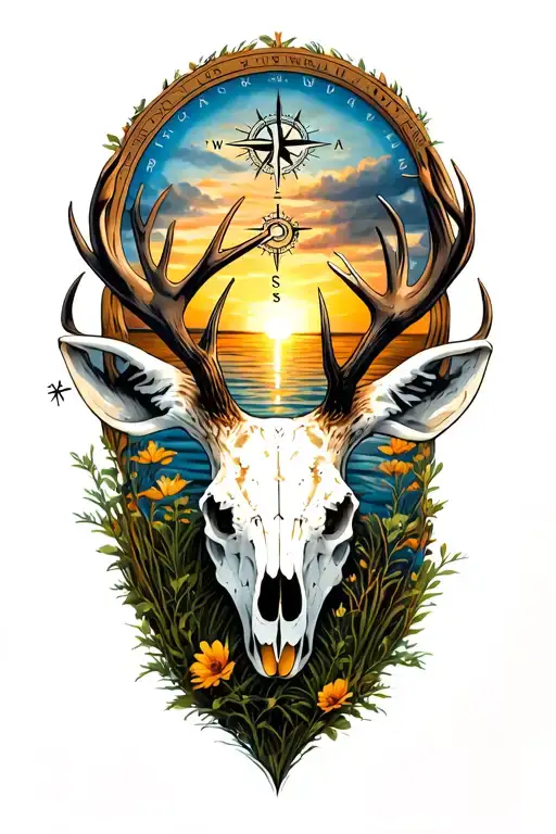 nature, compass, sunset, deer skull tattoo design idea