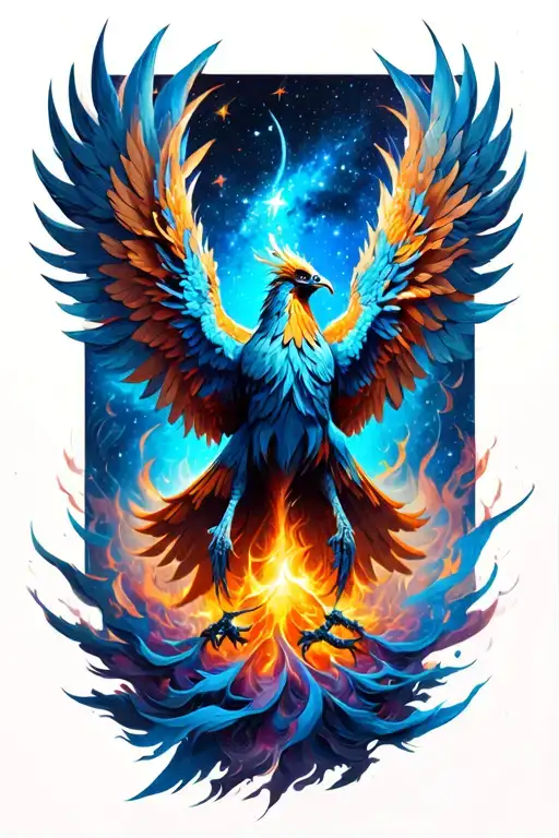 cosmic majestic phoenix rising from ashes into  colorful  hyper realistic galaxy, engineered  tattoo design idea