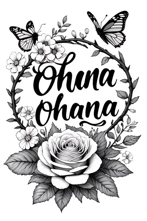 the word ohana in cursive surrounded by hawthorns,roses,primroses,marigold,flowers with butterflies tattoo design idea