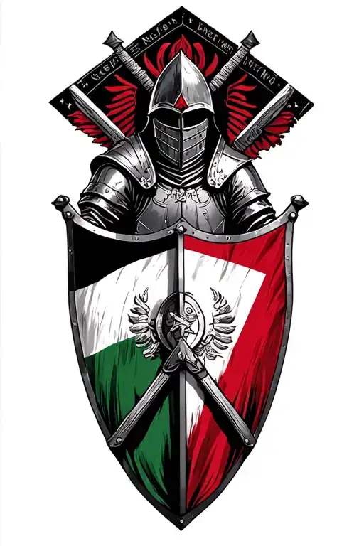 templar knight with shield crossed and twoo flag intertwined, one flag is afghanistan and one is latvia tattoo design idea