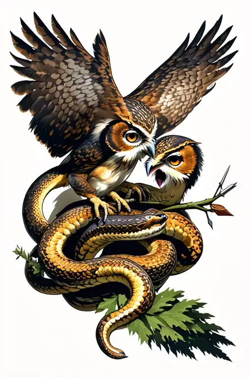 A owl holding a snake fighting back,olive branch and arrows in its claws and cypress trees boarding half the image. tattoo design idea