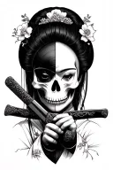 geisha holding a katana in the middle and half her face is her skull tattoo design idea