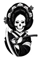 geisha holding a katana in the middle and half her face is her skull tattoo design idea