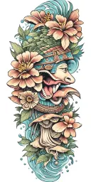  Mayan warrior tongue out on tongue flowers water Mayan tribal pattern mushrooms trippy  tattoo design idea