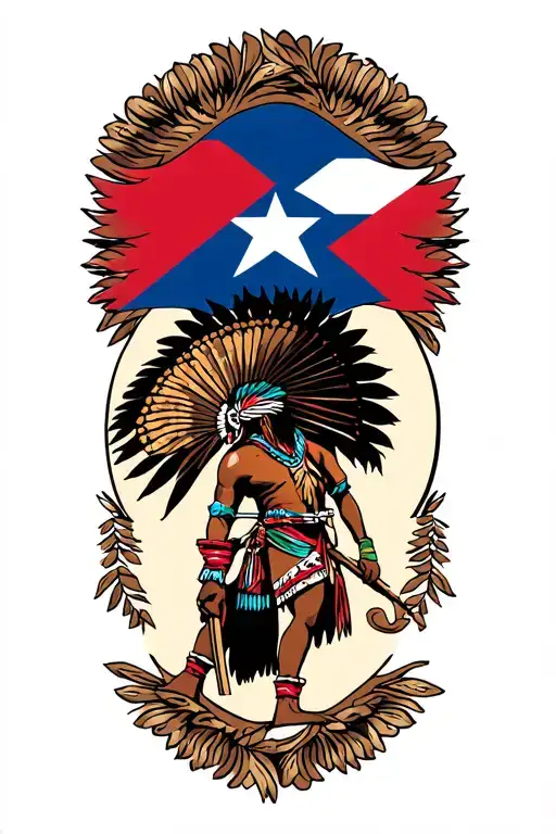 Puerto Rico flag, coqui and taino indian warrior tattoo design idea
