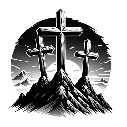 3 crosses on a mountain with a sunset in the background  tattoo design idea