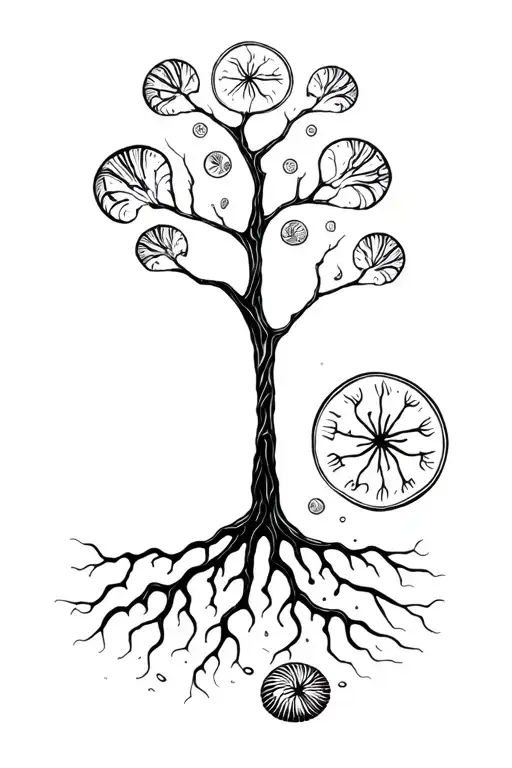 Gemini glyph shaped tree trunk roots reaching deep water with sand dollars sea shells tattoo design idea