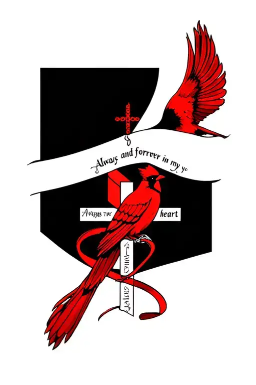 cross with red cardinal on the arm and "always and forever in my heart" wrapping around the cross tattoo design idea