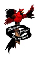 cross with red cardinal on the arm and "always and forever in my heart" wrapping around the cross tattoo design idea