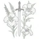 using call lily, iris,carnation, gladiolus, oak leaf, sage and thyme can you make the flowers outlining a sword  tattoo design idea
