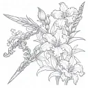 using call lily, iris,carnation, gladiolus, oak leaf, sage and thyme can you make the flowers outlining a sword  tattoo design idea