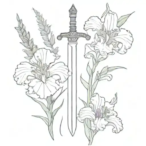 using call lily, iris,carnation, gladiolus, oak leaf, sage and thyme can you make the flowers outlining a sword  tattoo design idea