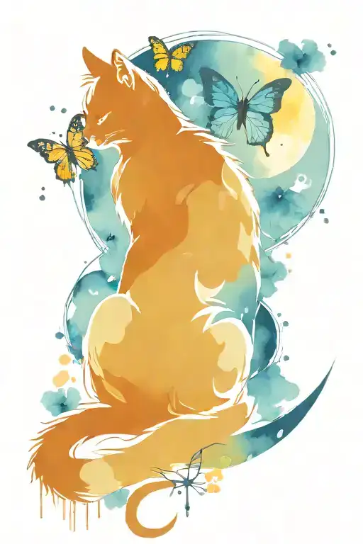 cat butterfly moon tattoo design idea