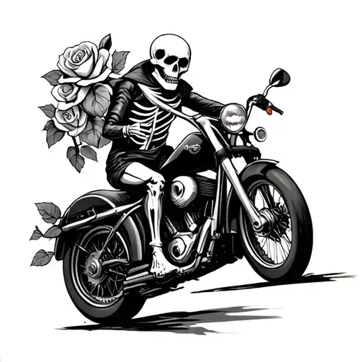 skeleton holding roses riding motorcycle speeding tattoo design idea
