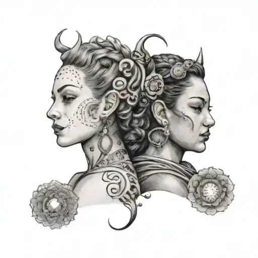 Portrait of Lillian as an Aries and Gracie as a Scorpio in a yin and yang style tattoo design idea